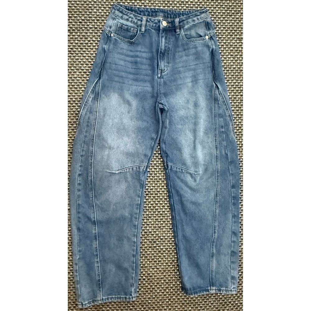 Commense Womens Curved-Leg Barrel Jeans 100% Cotton Denim High Waisted Sz Small